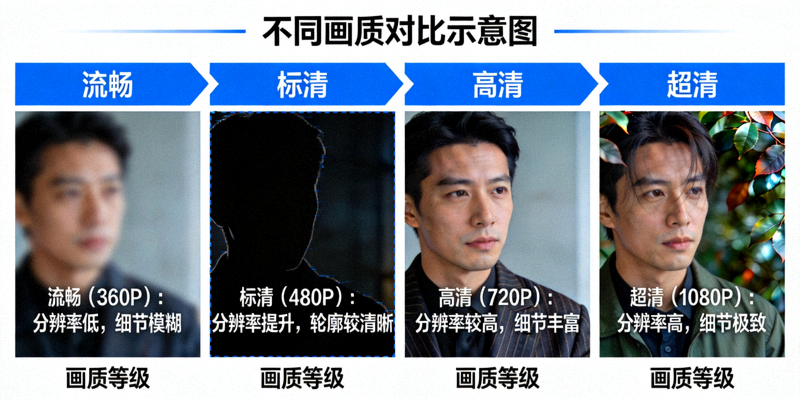 不同画质对比示意图 - 展示从流畅到超清的画质区别